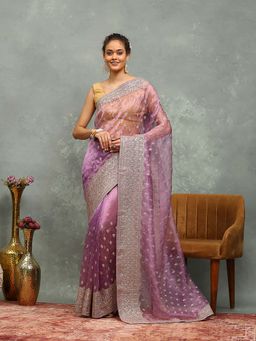 MEENA BAZAAR - Embroidered Lavender Saree without Blouse