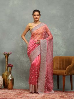 MEENA BAZAAR - Embroidered Pink Saree without Blouse