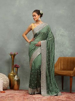 MEENA BAZAAR - Embroidered Green Saree without Blouse