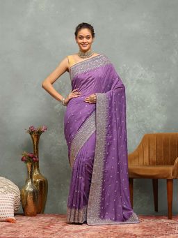 MEENA BAZAAR - Embroidered Lavender Saree without Blouse