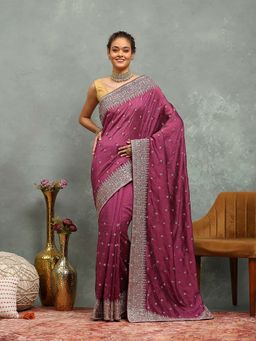 MEENA BAZAAR - Embroidered Pink Saree without Blouse