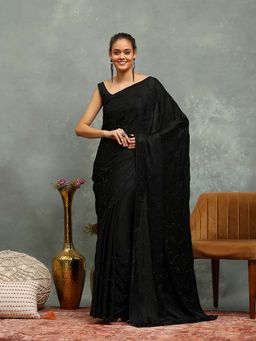 MEENA BAZAAR - Embroidered Black Saree without Blouse