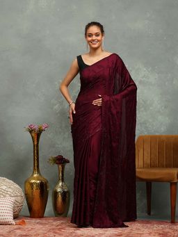 MEENA BAZAAR - Embroidered Wine Saree without Blouse