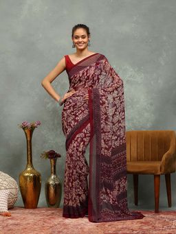 MEENA BAZAAR - Floral Printed Wine Saree without Blouse