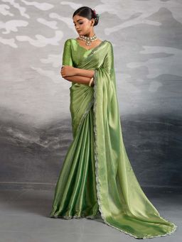 MEENA BAZAAR - Embellished Green Saree without Blouse