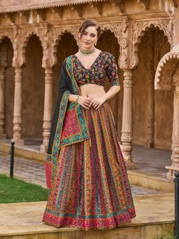 PURVAJA - Women Black Embellished Jacquard Stitched Lehenga with Unstitched Choli and Dupatta