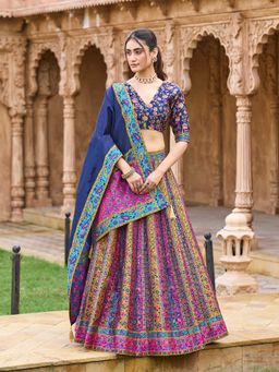 PURVAJA - Navy Blue Embellished Jacquard Stitched Lehenga with Unstitched Choli and Dupatta