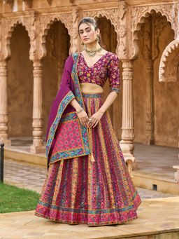 PURVAJA - Women Wine Embellished Jacquard Stitched Lehenga with Unstitched Choli and Dupatta