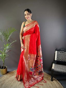 Elora - Red Silk Zari Weaving Butti Kanchipuram Saree With Unstitched Blouse