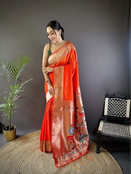 Elora - Orange Silk Zari Weaving Butti Kanchipuram Saree With Unstitched Blouse