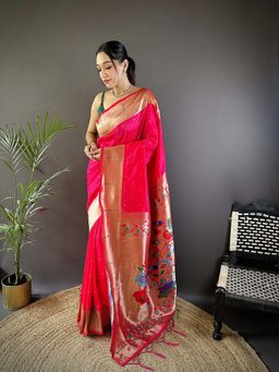 Elora - Pink Silk Zari Weaving Butti Kanchipuram Saree With Unstitched Blouse