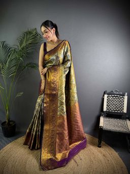 Elora - Olive Silk Leheriya Meenakari Zari Weaves Saree With Unstitched Blouse