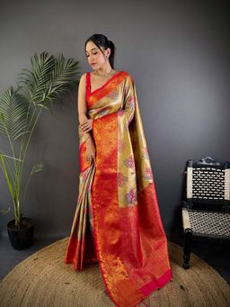 Elora - Gold Silk Leheriya Meenakari Zari Weaves Saree With Unstitched Blouse