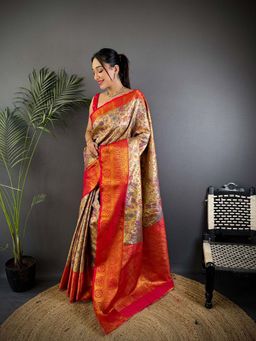 Elora - Orange Silk Leheriya Meenakari Zari Weaves Saree With Unstitched Blouse