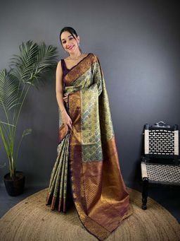 Elora - Green Silk Leheriya Meenakari Zari Weaves Saree With Unstitched Blouse