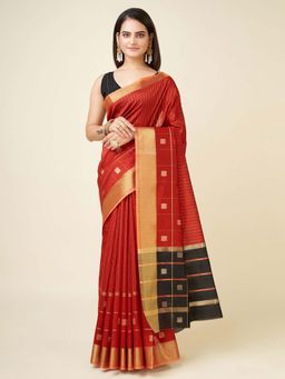 Elora - Red Striped Khadi Banarasi Saree With Unstitched Blouse