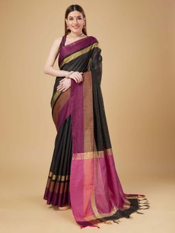 Elora - Black Plain Khadi Thread Banarasi Saree With Unstitched Blouse