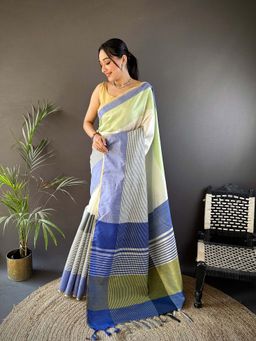Elora - Blue Raw Silk Plain Khadi Thread Banarasi Saree With Unstitched Blouse