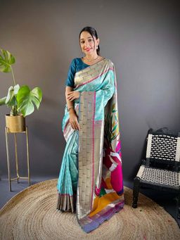 Elora - Teal Blue Soft Silk Checked Zari Banarasi Saree With Unstitched Blouse