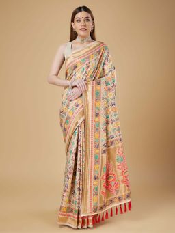 Elora - Cream Soft Silk Minakari Zari Banarasi Saree With Unstitched Blouse