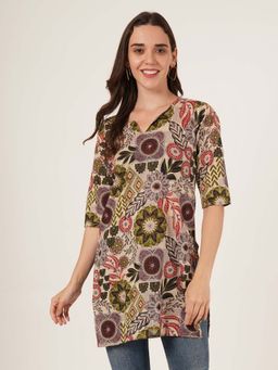 Brownverse - Beige Women Pure Cotton Jaipuri Print Kurti