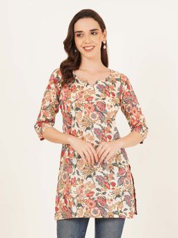 Brownverse - Cream Women Pure Cotton Jaipuri Print Kurti