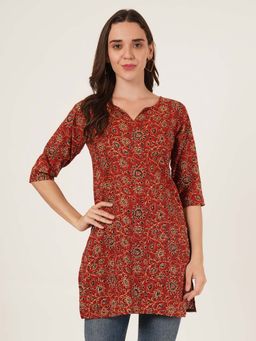 Brownverse - Maroon Women Pure Cotton Jaipuri Print Kurti