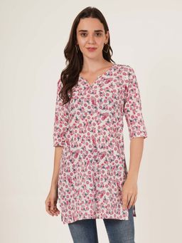 Brownverse - Pink Women Pure Cotton Jaipuri Print Kurti