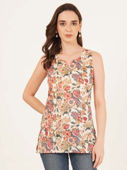 Brownverse - Cream Women Pure Cotton Jaipuri Print Sleeveless Kurti