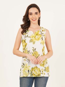 Brownverse - Yellow Women Pure Cotton Jaipuri Print Sleeveless Kurti