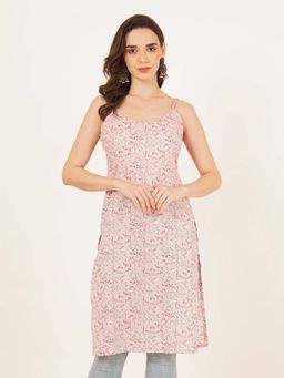 Brownverse - Peach Women Pure Cotton Jaipuri Print Sleeveless Kurti