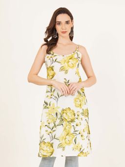 Brownverse - Yellow Women Pure Cotton Jaipuri Print Sleeveless Kurti