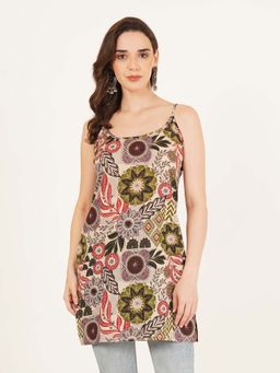 Brownverse - Beige Women Pure Cotton Jaipuri Print Sleeveless Kurti