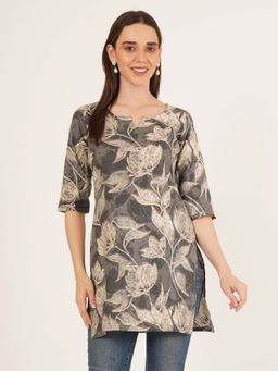 Brownverse - Grey Women Pure Cotton Jaipuri Print Kurti
