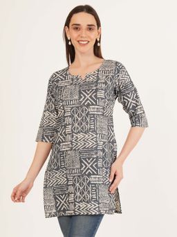 Brownverse - Grey Women Pure Cotton Jaipuri Print Kurti