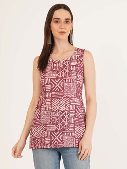 Brownverse - Maroon Women Pure Cotton Jaipuri Print Sleeveless Kurti