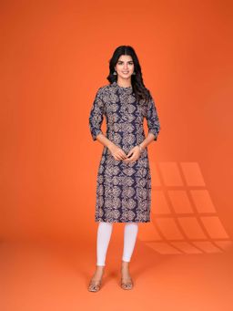 KAFTANIZE - Navy Blue Leafy Block Printed Kurta
