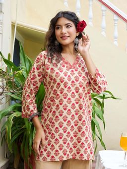 KAFTANIZE - Red Beige Short Flower Print Kurti