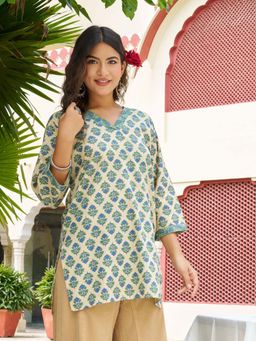 KAFTANIZE - Blue Beige Short and Green Flower Print Kurti