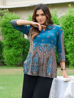 KAFTANIZE - Blue Royal and Brown Small Motif Printed Short Kurti