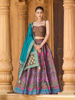 PURVAJA - Brown Kanjivaram Stitched Lehenga with Unstitched Choli and Dupatta