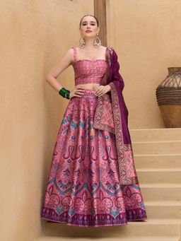 PURVAJA - Embellished Pink Kanjivaram Stitched Lehenga with Unstitched Choli and Dupatta