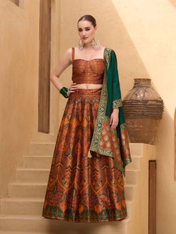 PURVAJA - Embellished Rust Kanjivaram Stitched Lehenga with Unstitched Choli and Dupatta