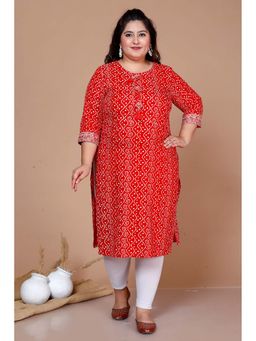 Doriyaan - Women Plus Size Red Bandhani Printed Straight Kurta