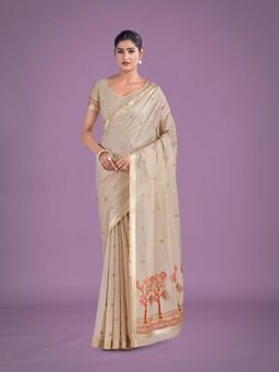 Monjolika Fashion - Beige And Red Woven Pattern Cotton Silk Saree With Unstitched Blouse