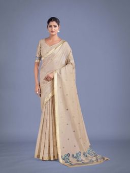 Monjolika Fashion - Beige And Blue Woven Pattern Cotton Silk Saree With Unstitched Blouse