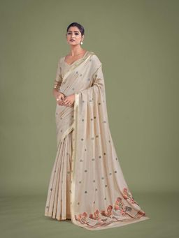 Monjolika Fashion - Beige And Maroon Woven Butti Cotton Silk Saree With Unstitched Blouse
