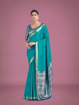 Monjolika Fashion - Turquoise Silk Golden Zari Woven Ceremony Saree With Unstitched Blouse