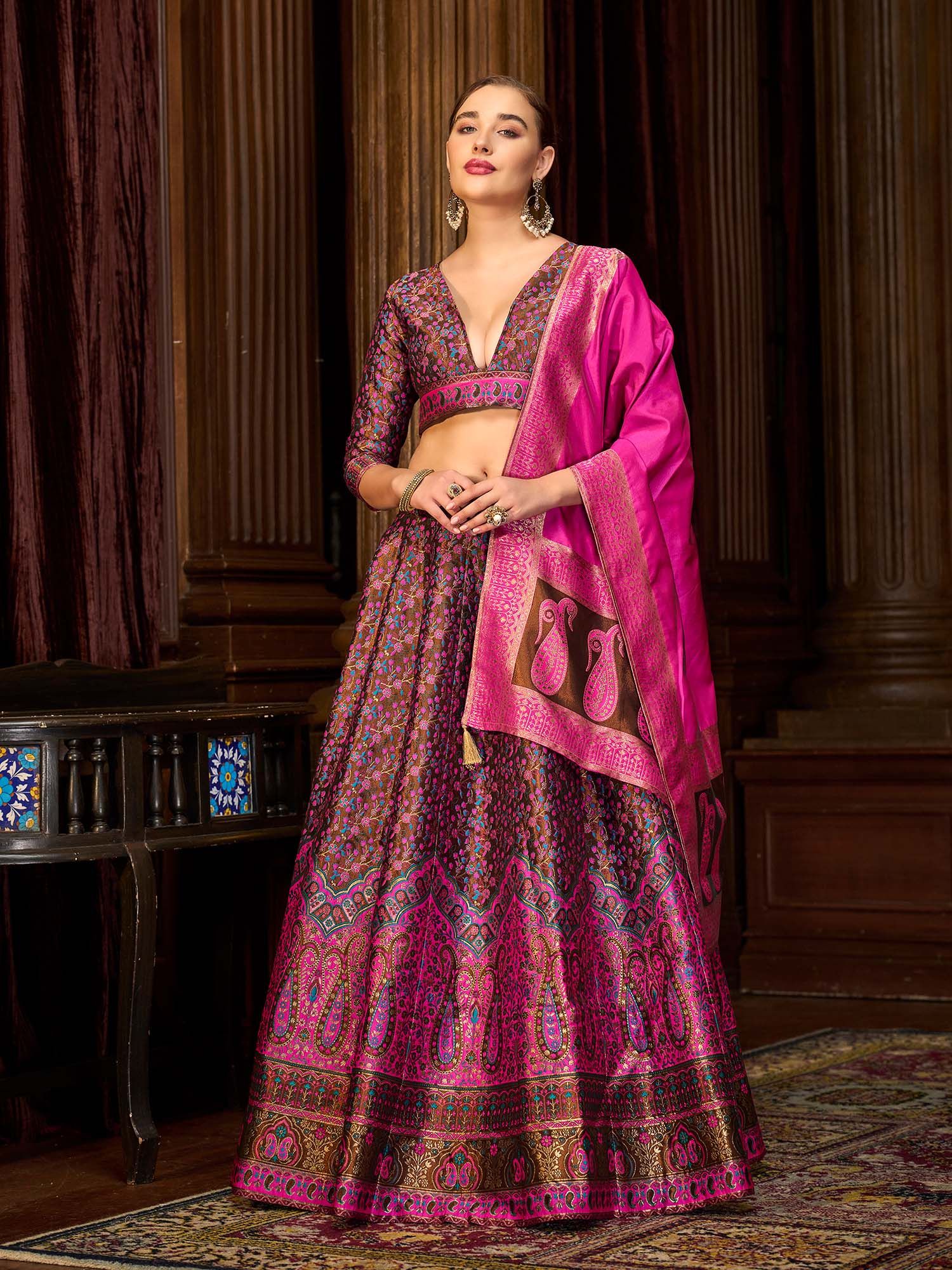 purvaja Zari Kanjivaram Brown Stitched Lehenga with Unstitched Choli and Dupatta-picture-39
