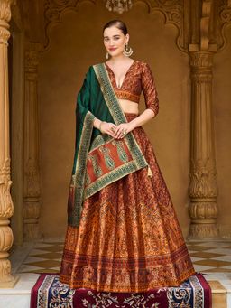 PURVAJA - Zari Kanjivaram Rust Stitched Lehenga with Unstitched Choli and Dupatta